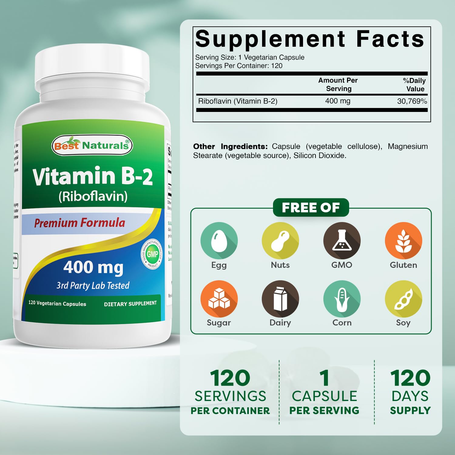 Best Naturals Riboflavin 120 vegetarian capsules supplement facts label