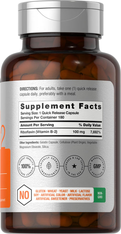 Horbäach Riboflavin 100mg supplement label showing 180 capsules