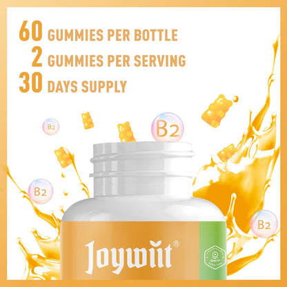Joywiit dietary supplement bottle displaying sixty counts of Vitamin B2 migraine gummies