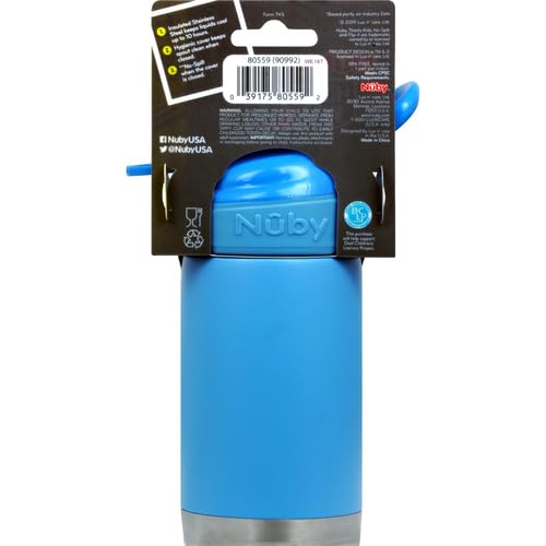 Blue Nuby ten ounce stainless steel canteen with the soft silicone spout exposed