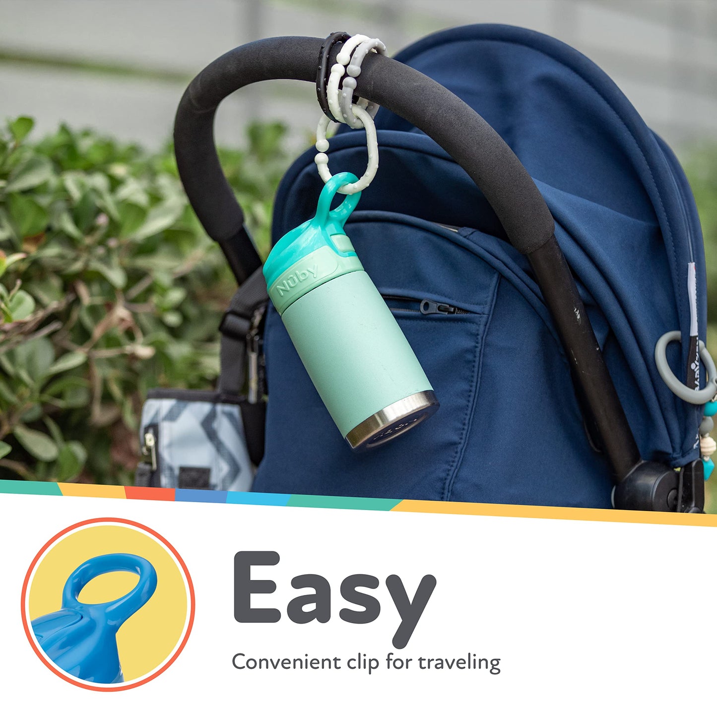 Nuby thirty hundred milliliter stainless steel bottle showing the ergonomic grip design