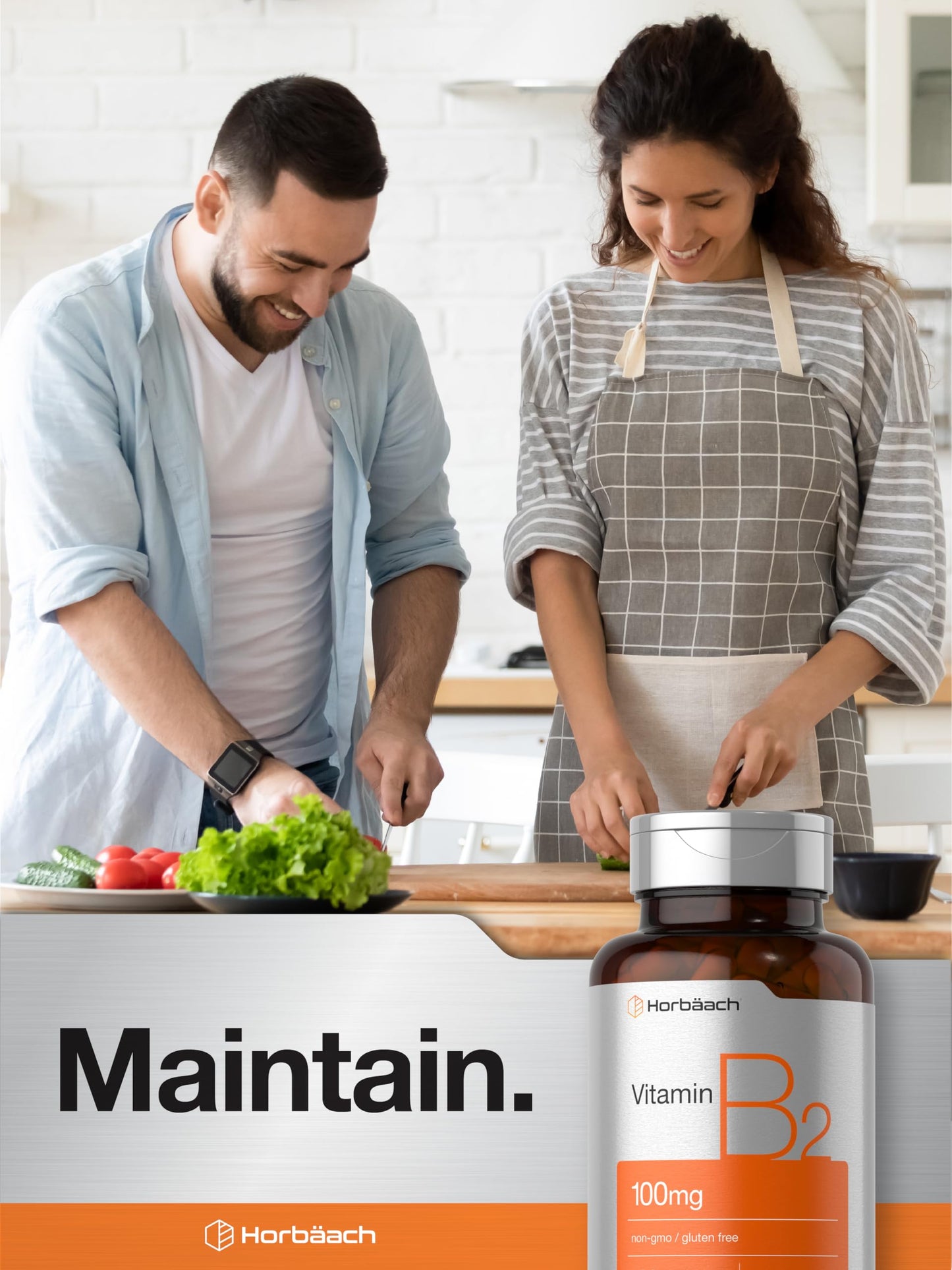 Premium Horbäach riboflavin B2 health supplement container close up