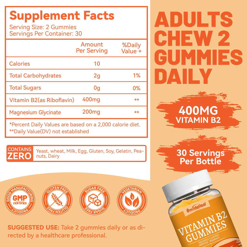 Side view of SmildeHeal Vitamin B2 chewable gummies emphasizing vegan and gluten-free product attributes