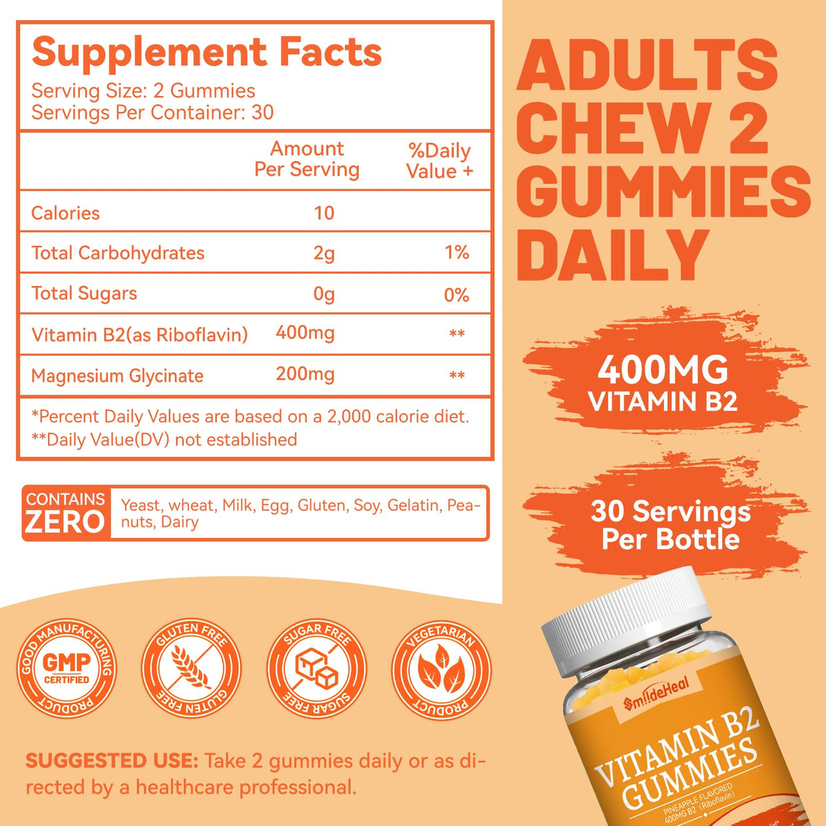Side view of SmildeHeal Vitamin B2 chewable gummies emphasizing vegan and gluten-free product attributes