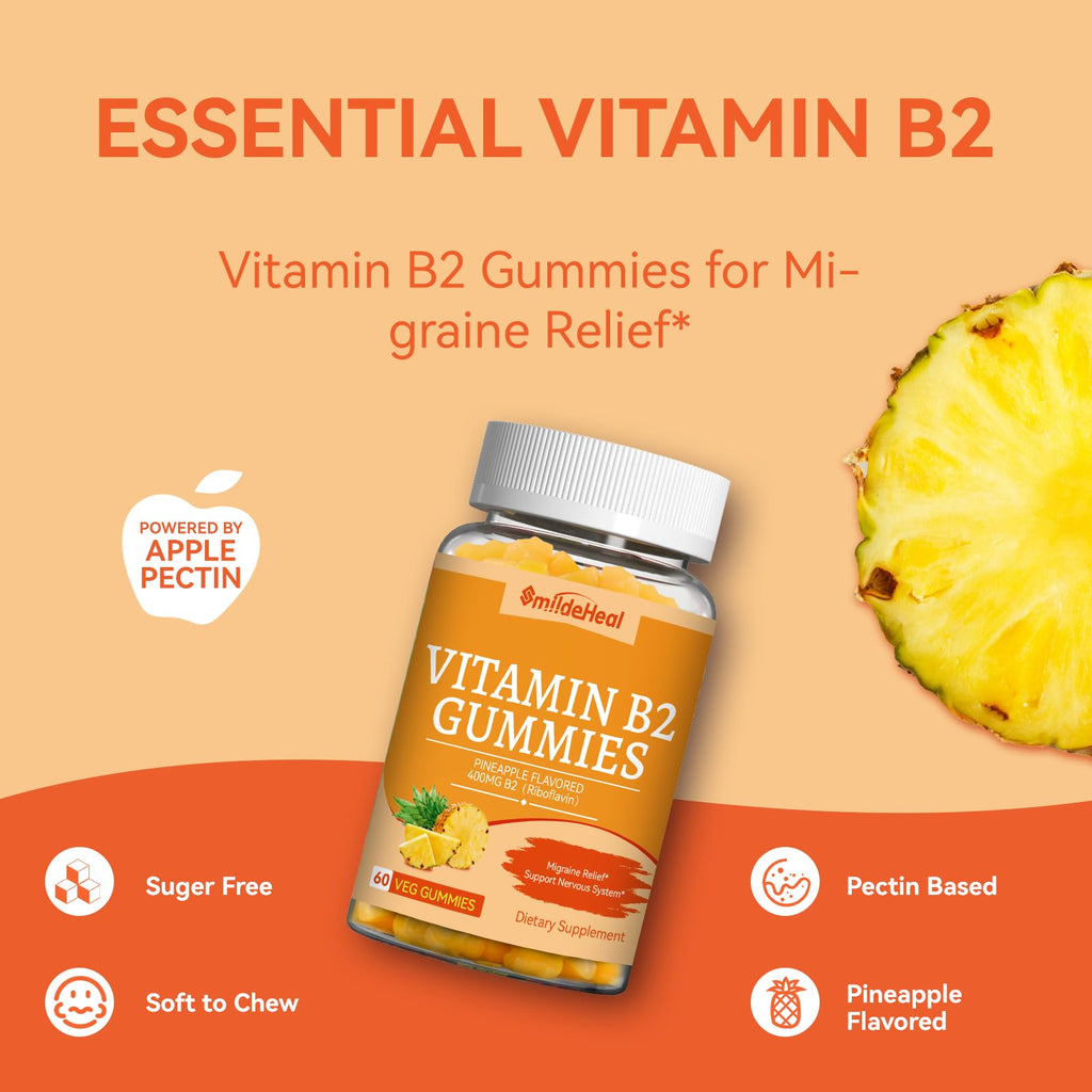 Close-up of natural pineapple flavored yellow dietary gummies next to the SmildeHeal adult supplement bottle