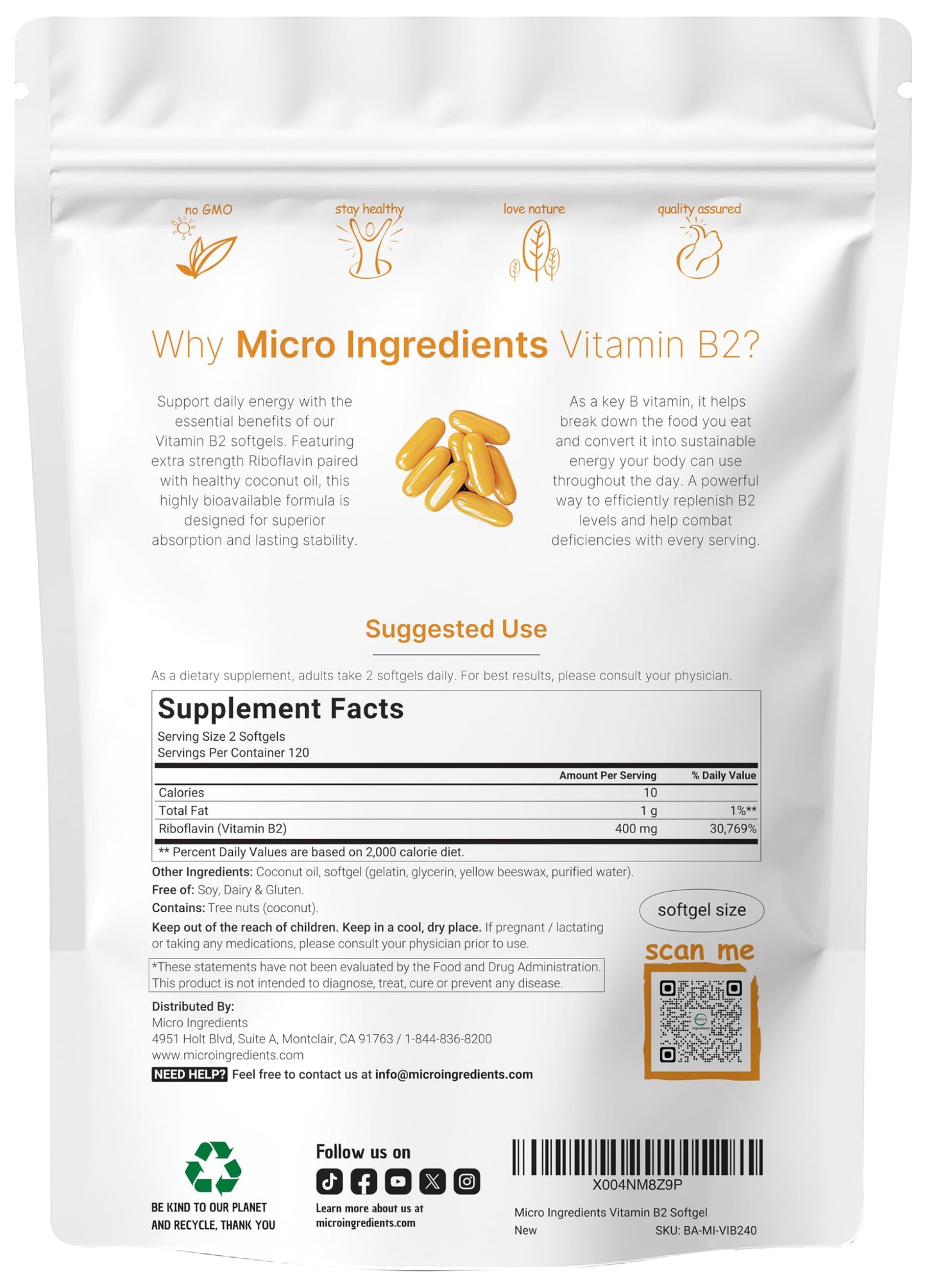 Micro Ingredients riboflavin softgels with coconut oil for enhanced cellular energy absorption