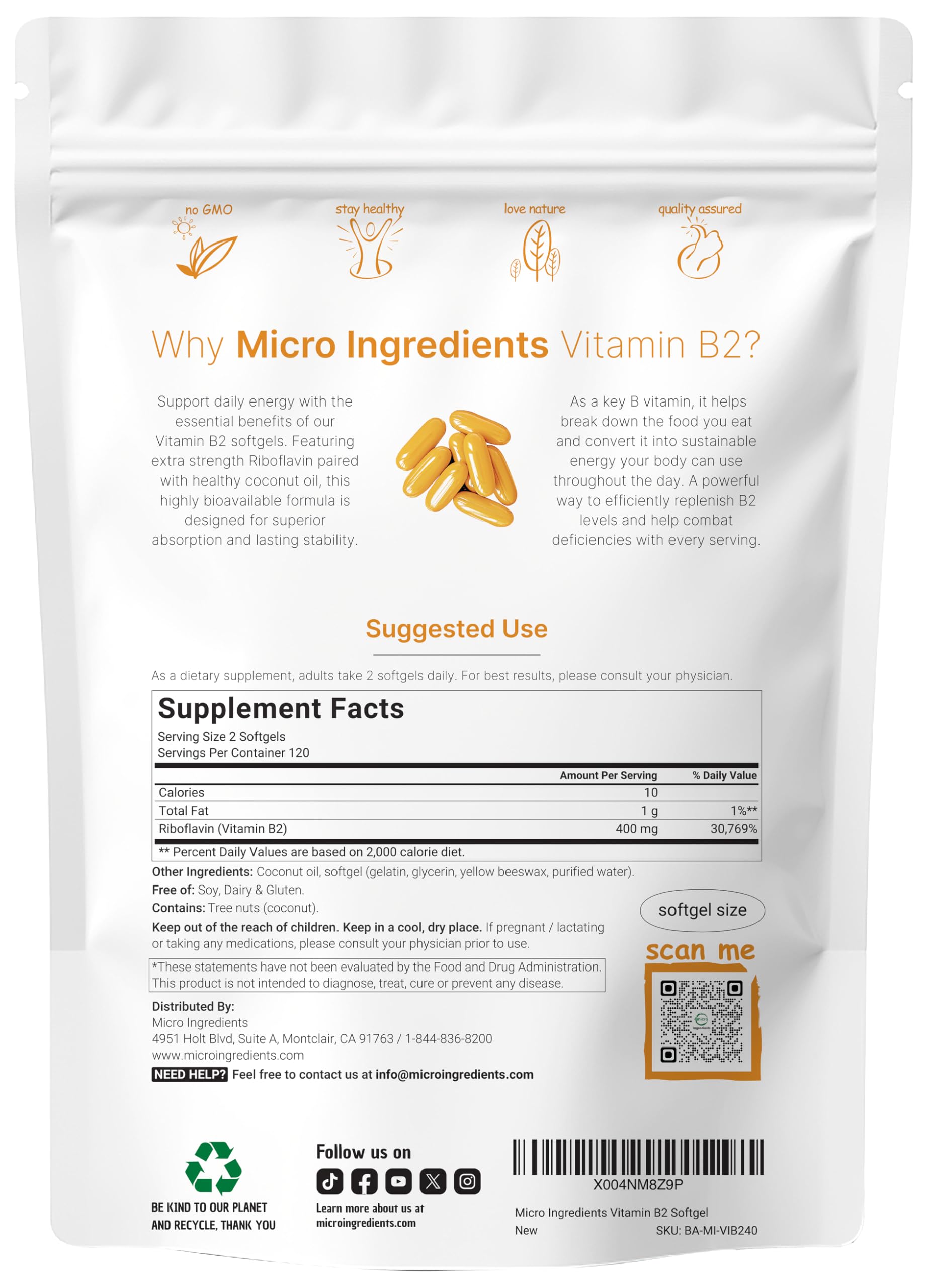 Micro Ingredients riboflavin softgels with coconut oil for enhanced cellular energy absorption