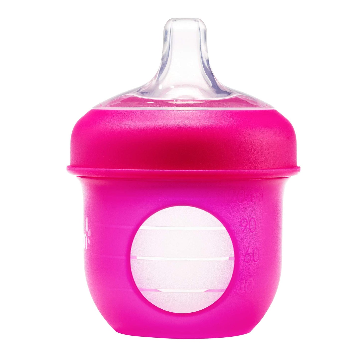 Boon transitional sippy spout being pressed and assembled onto a colorful baby bottle shell
