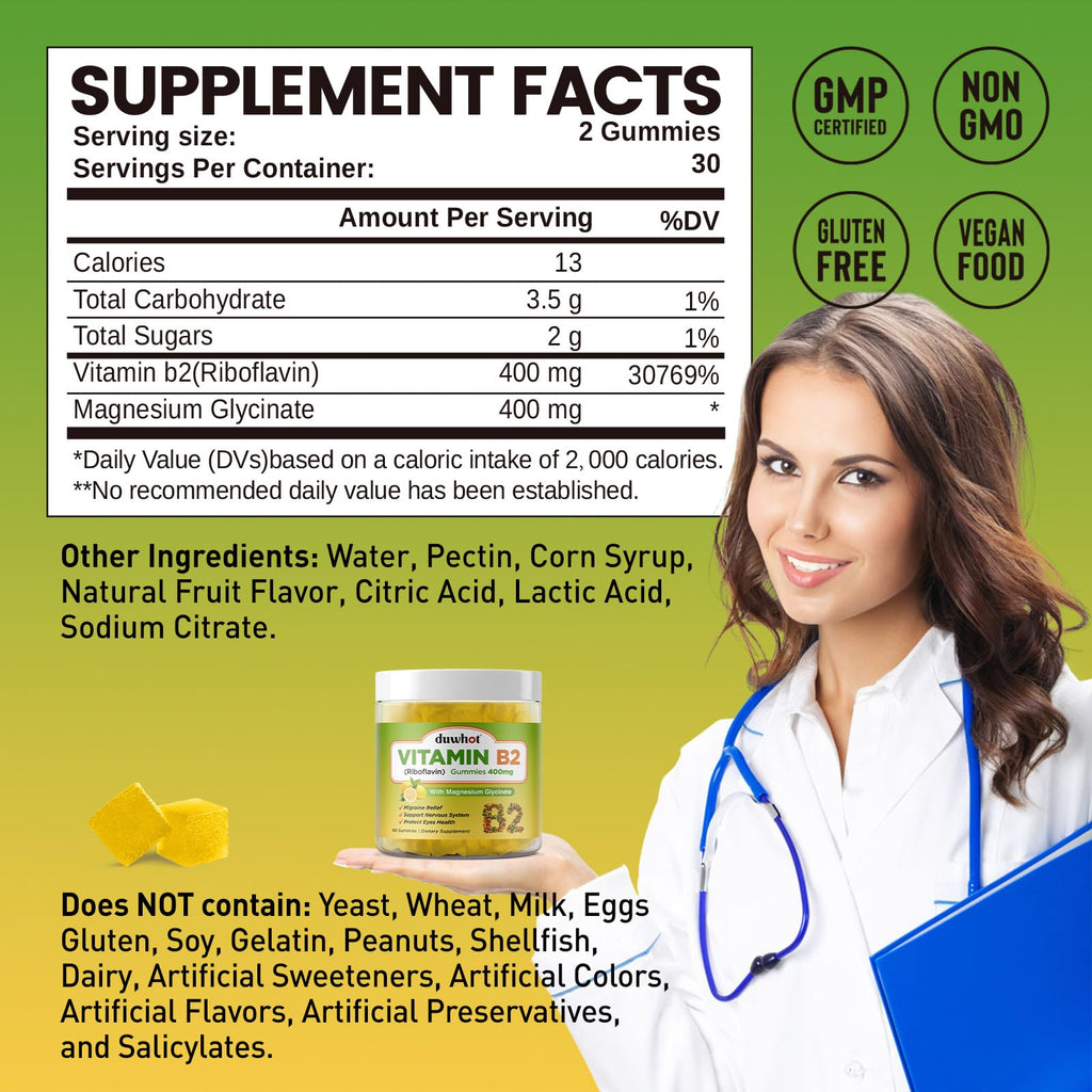 Duwhot Riboflavin 400mg with Magnesium chewable lemon flavor gummies supplement facts.
