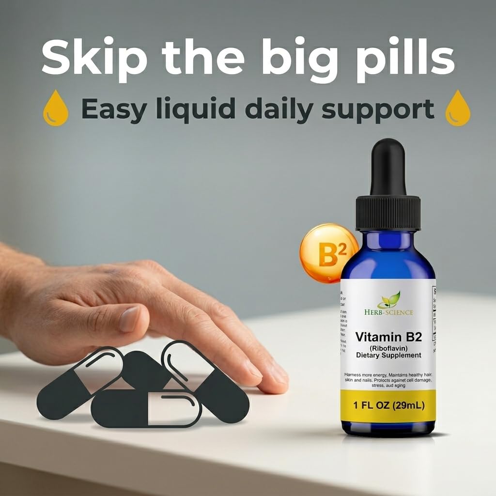Herb-Science Vitamin B2 supplement showing the dropper applicator and cobalt blue glass bottle
