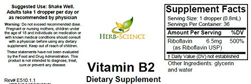 Herb-Science Vitamin B2 liquid extract packaging showing supplement facts for headache relief