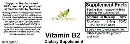 Herb-Science Vitamin B2 liquid extract packaging showing supplement facts for headache relief