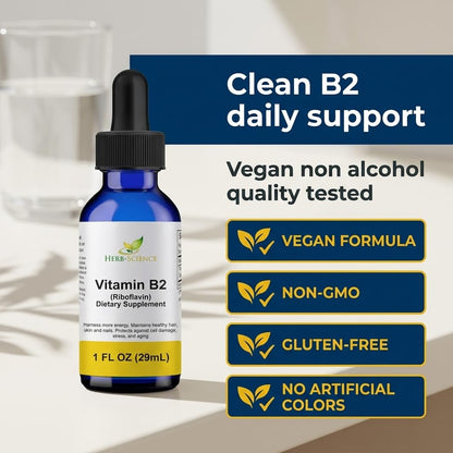 Vegan non GMO Herb-Science Riboflavin liquid drops bottle highlighting collagen production features