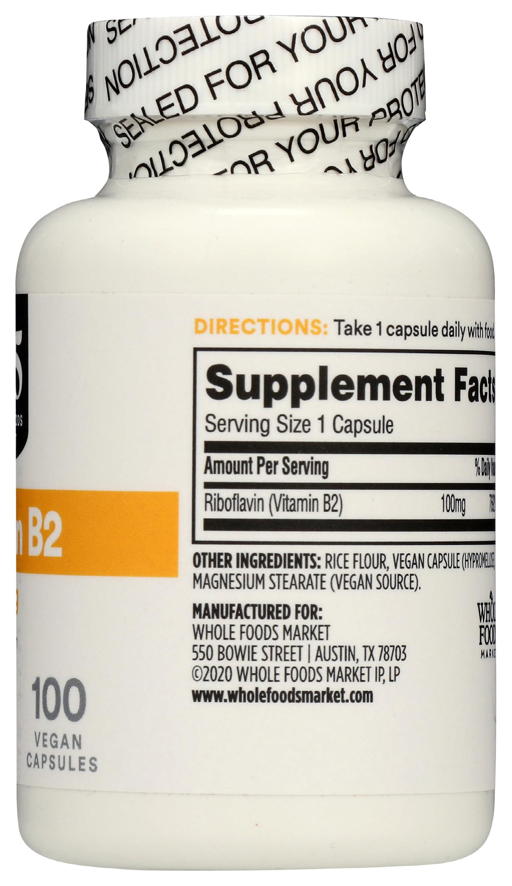 Size comparison view of 365 Whole Foods Market 100 vegetable capsules container