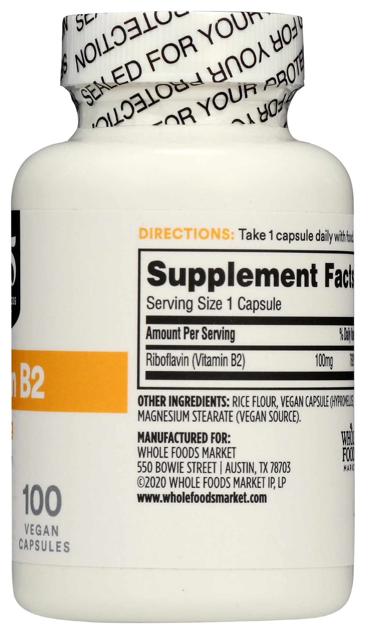 Size comparison view of 365 Whole Foods Market 100 vegetable capsules container