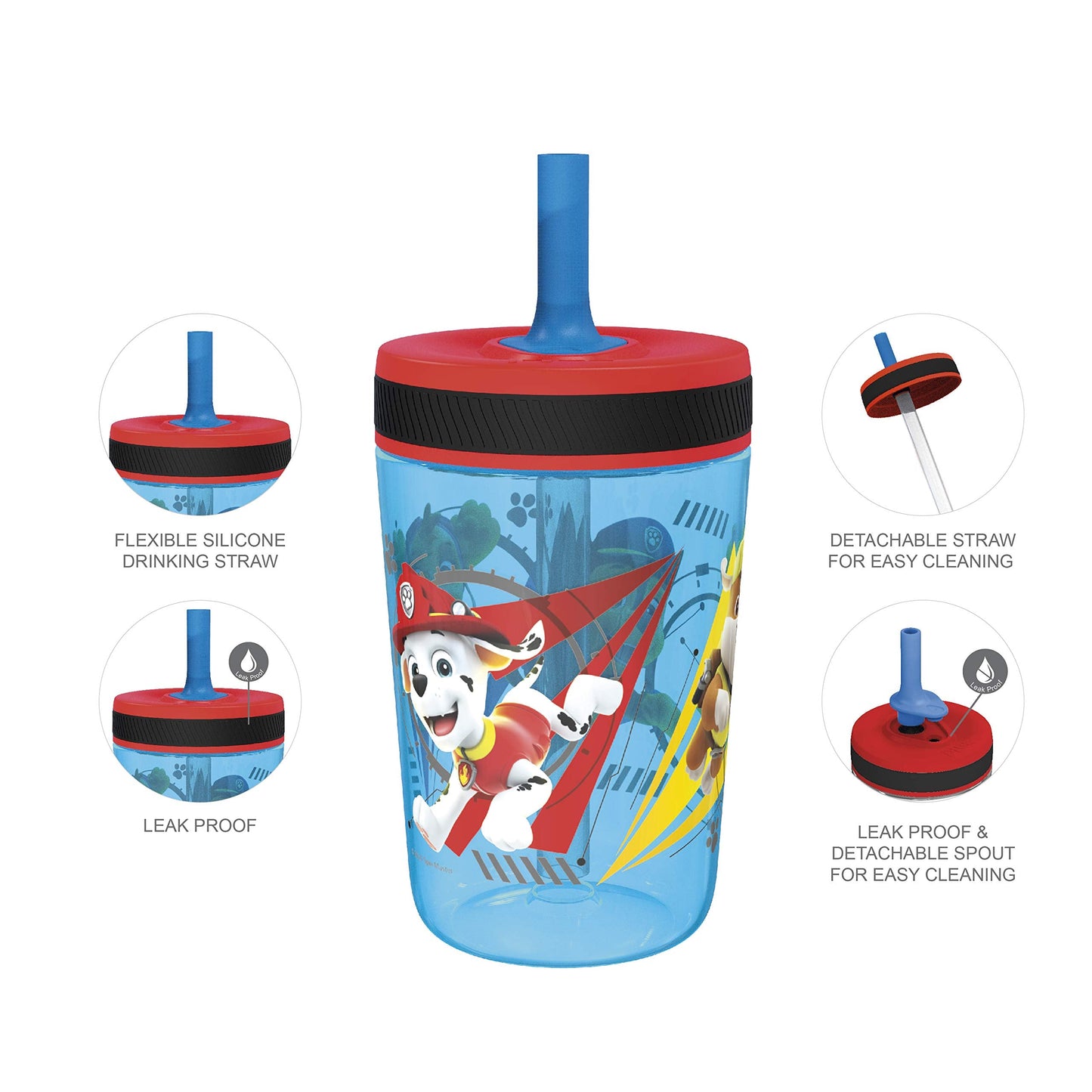 Side profile of the fifteen ounce clear plastic Paw Patrol toddler drinking cup with graphics