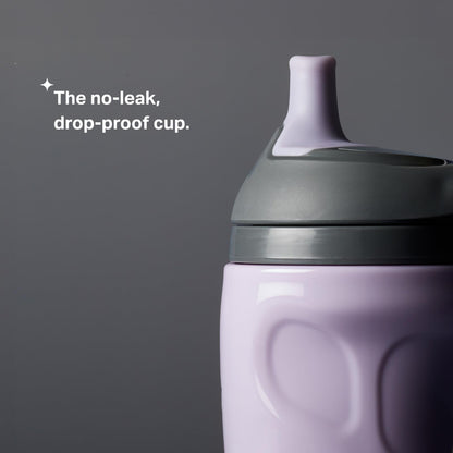 Two pack lilac and plum insulated baby bottles showcasing the comfortable toddler grip design