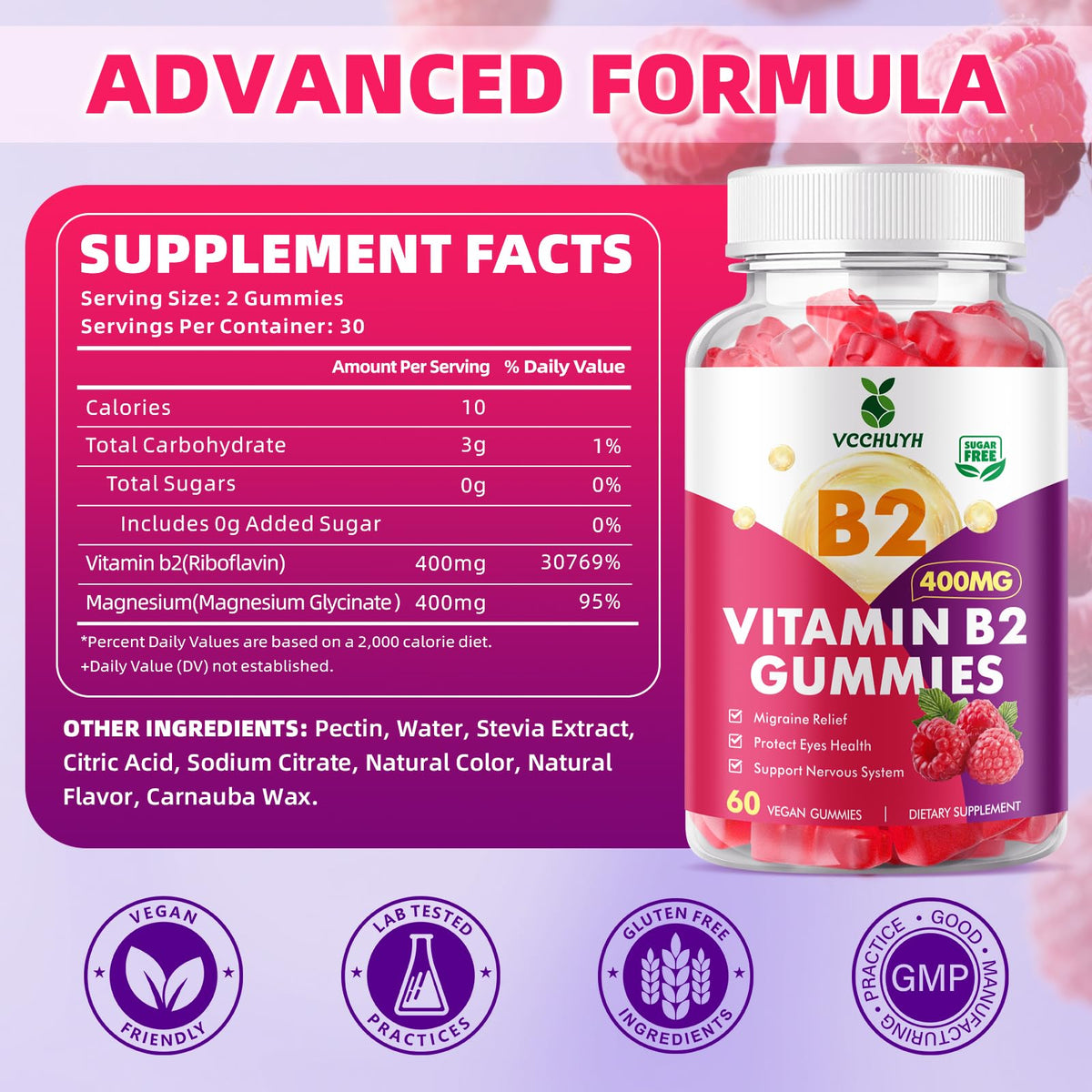 Close up view of the raspberry flavored vegan chewables for migraine and nervous system support.