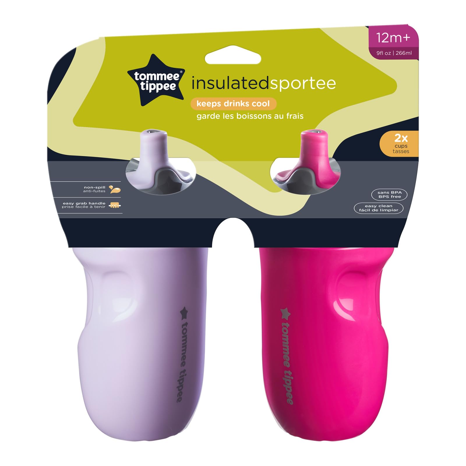 A pair of Tommee Tippee insulated sporty spout sippy cups placed upright on a clean surface