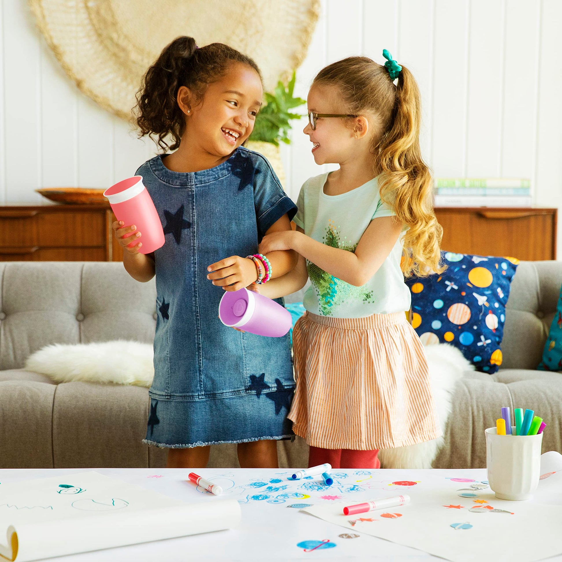 Spill proof toddler trainer cup with 360 degree drinking edge close up view