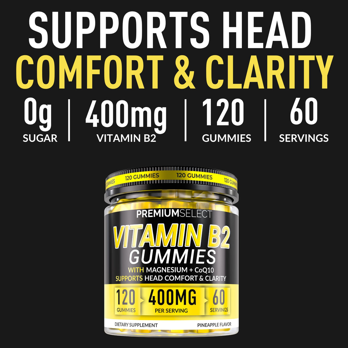 Premium sugar free riboflavin gummies with magnesium and coq10 supplement facts label view