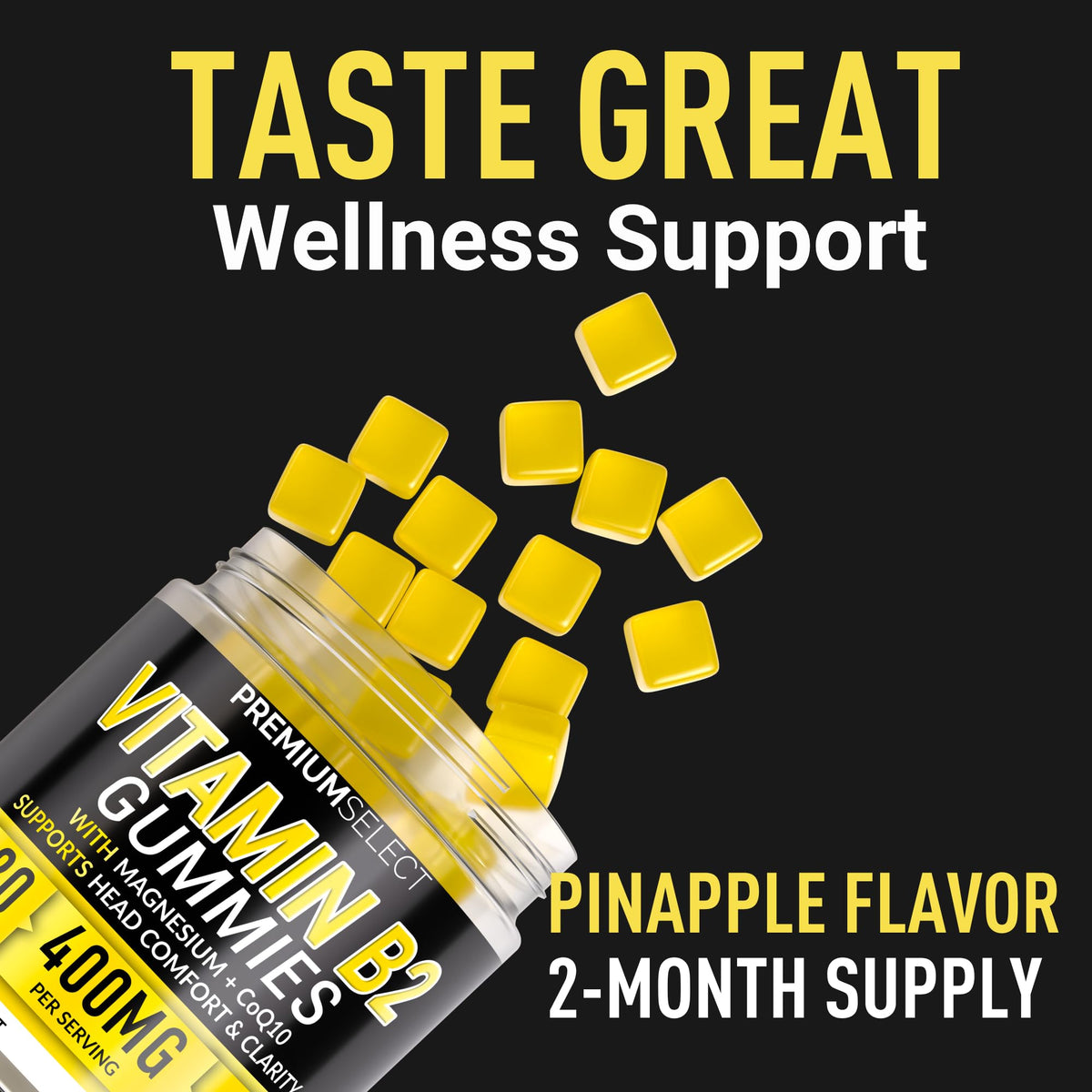 Close up of yellow chewable cnchef high potency b2 vitamins for cellular energy production