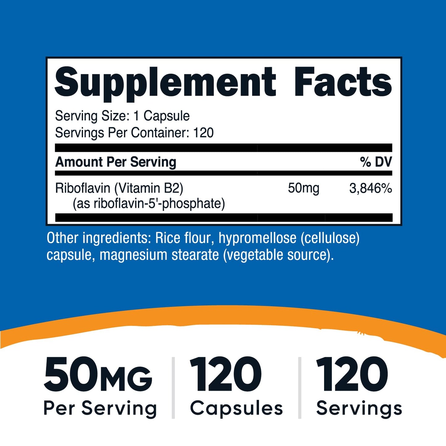 Nutricost active coenzyme form Vitamin B2 fifty milligrams dietary supplement nutritional information panel with ingredient facts label