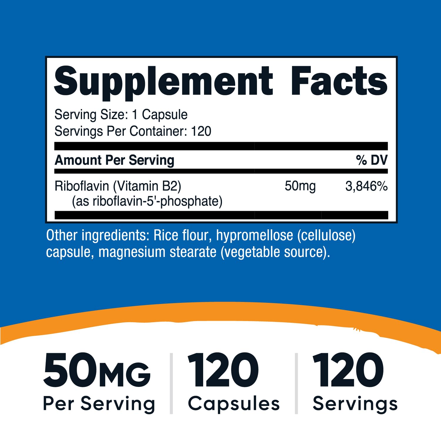 Nutricost active coenzyme form Vitamin B2 fifty milligrams dietary supplement nutritional information panel with ingredient facts label