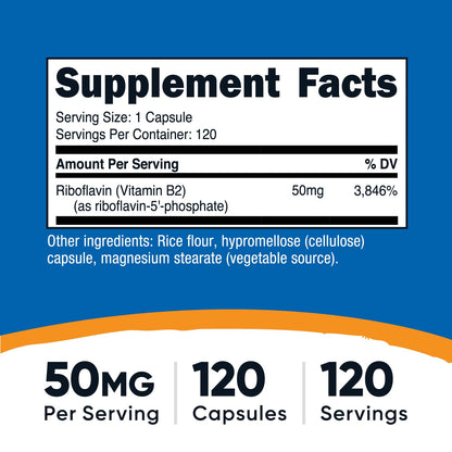 Nutricost active coenzyme form Vitamin B2 fifty milligrams dietary supplement nutritional information panel with ingredient facts label