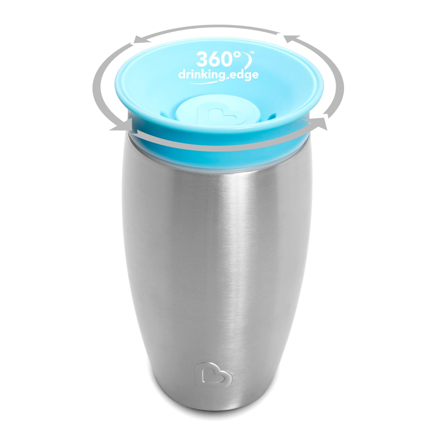 Spill-proof 360 degree drinking edge on the Munchkin stainless steel toddler cup.
