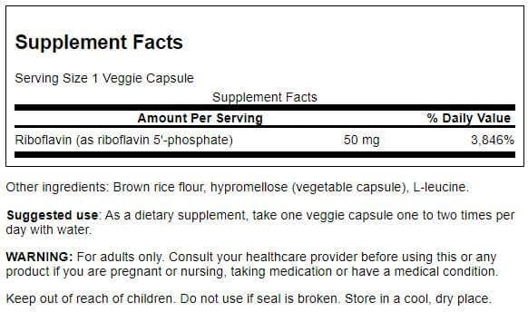 Swanson coenzymated Vitamin B2 dietary supplement supplement facts panel displaying ingredients