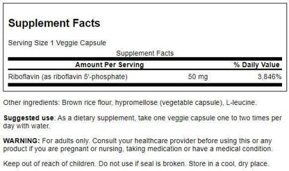 Swanson coenzymated Vitamin B2 dietary supplement supplement facts panel displaying ingredients