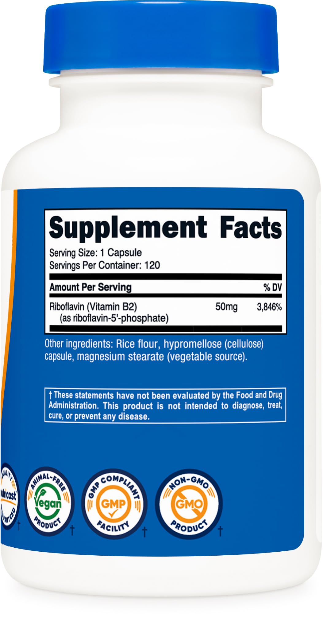 Close up view of Nutricost riboflavin five phosphate vegetarian capsules demonstrating pill size and texture details