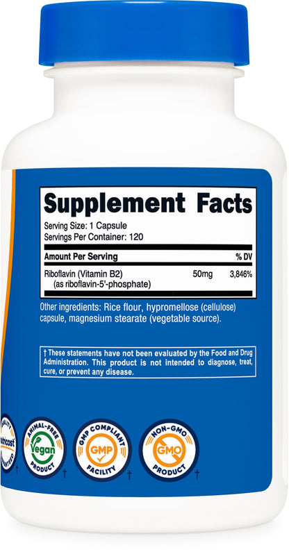 Close up view of Nutricost riboflavin five phosphate vegetarian capsules demonstrating pill size and texture details