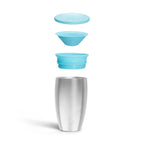 Detached blue on-the-go travel lid and collar components of the Munchkin Miracle cup.