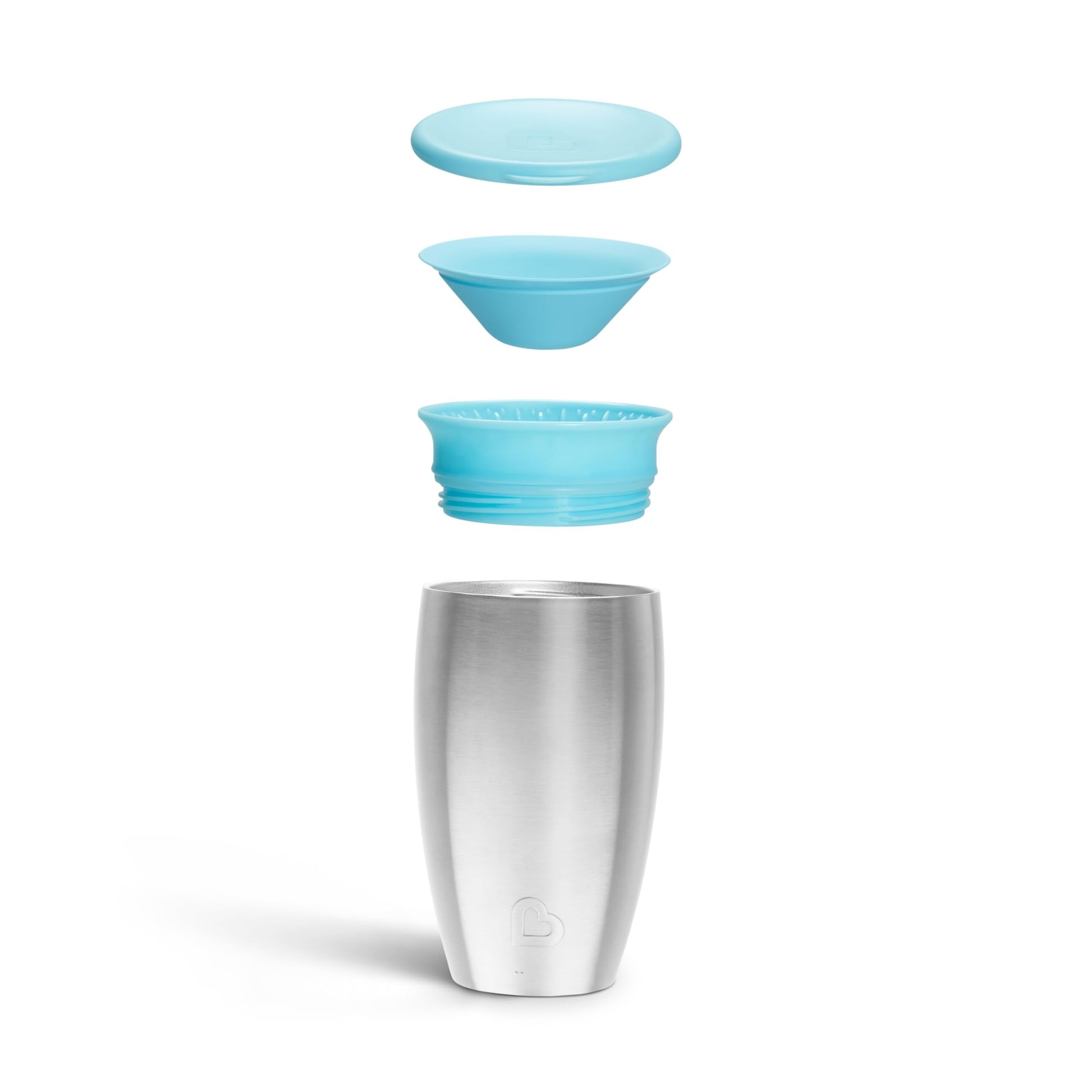 Detached blue on-the-go travel lid and collar components of the Munchkin Miracle cup.