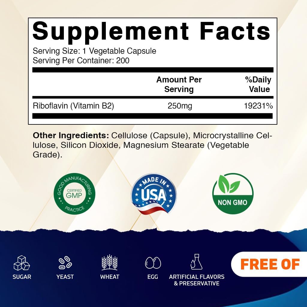 Vitamatic Riboflavin 200 vegetarian capsules nutrition facts label details