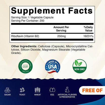 Vitamatic Riboflavin 200 vegetarian capsules nutrition facts label details