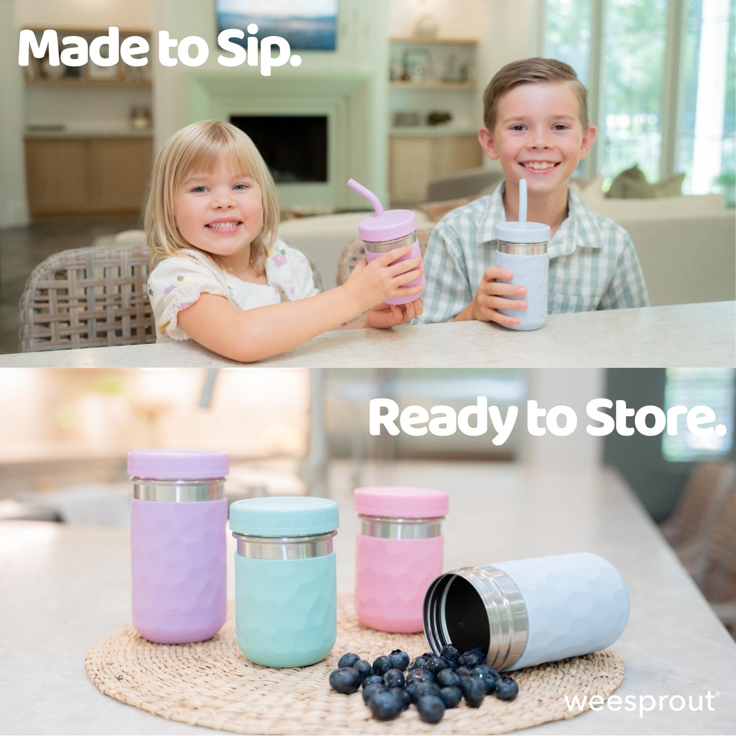 WeeSprout stainless steel drinking cups for kids showing independent toddler usage