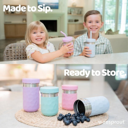 WeeSprout stainless steel drinking cups for kids showing independent toddler usage