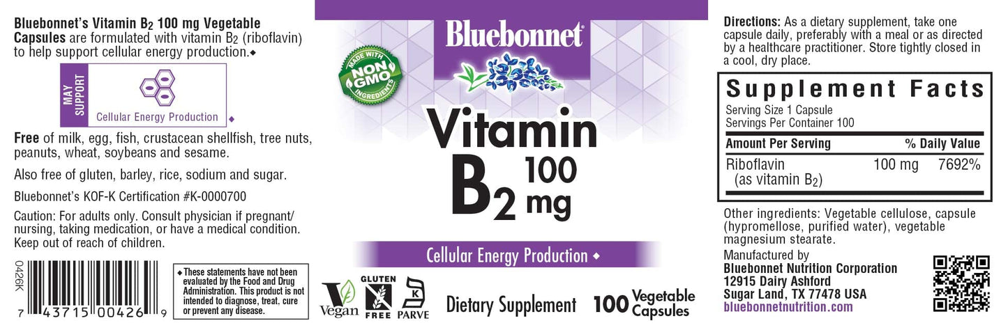 Bluebonnet Riboflavin 100 mg vegetable capsules supplement facts and ingredient label