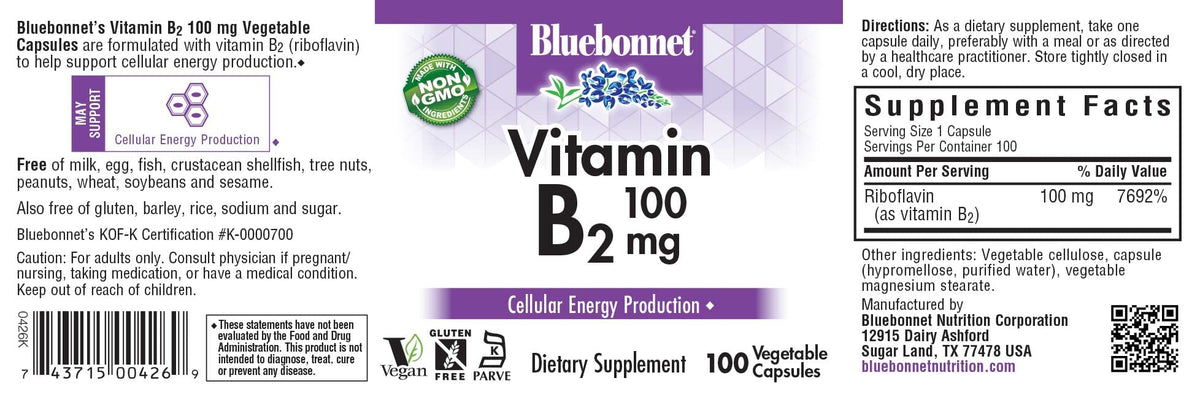 Bluebonnet Riboflavin 100 mg vegetable capsules supplement facts and ingredient label