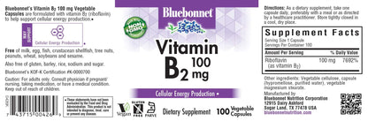 Bluebonnet Riboflavin 100 mg vegetable capsules supplement facts and ingredient label