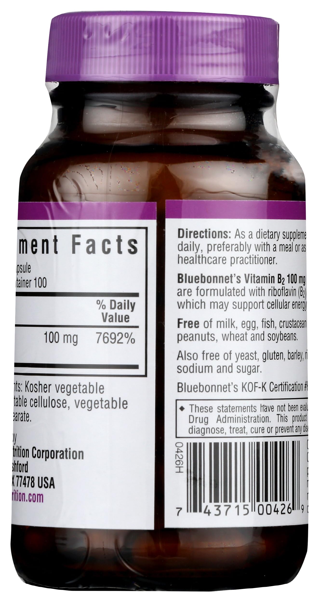 Authentic Bluebonnet Nutrition Vitamin B2 amber glass bottle for nervous system health