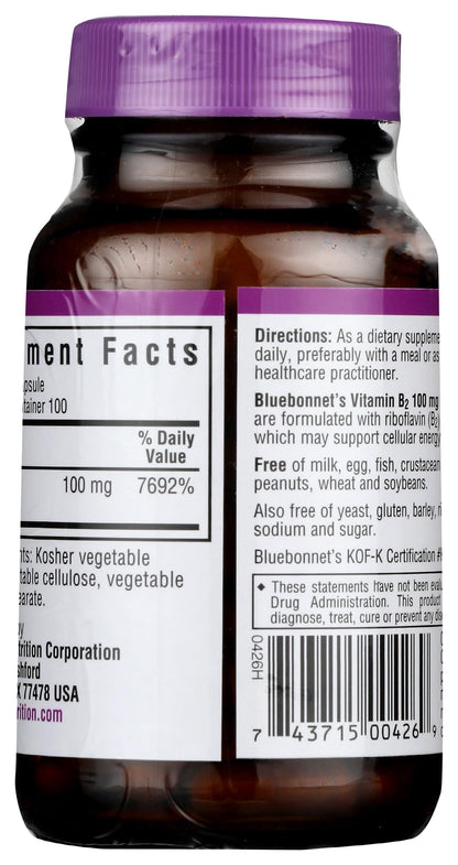 Authentic Bluebonnet Nutrition Vitamin B2 amber glass bottle for nervous system health