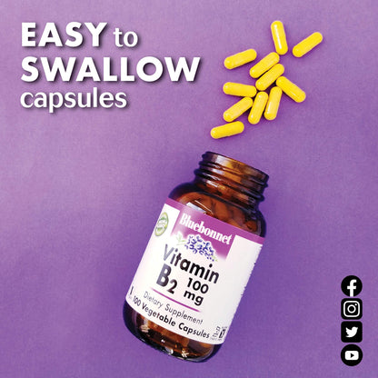 Top view of Bluebonnet Vitamin B2 100 mg capsule jar with safety seal visible