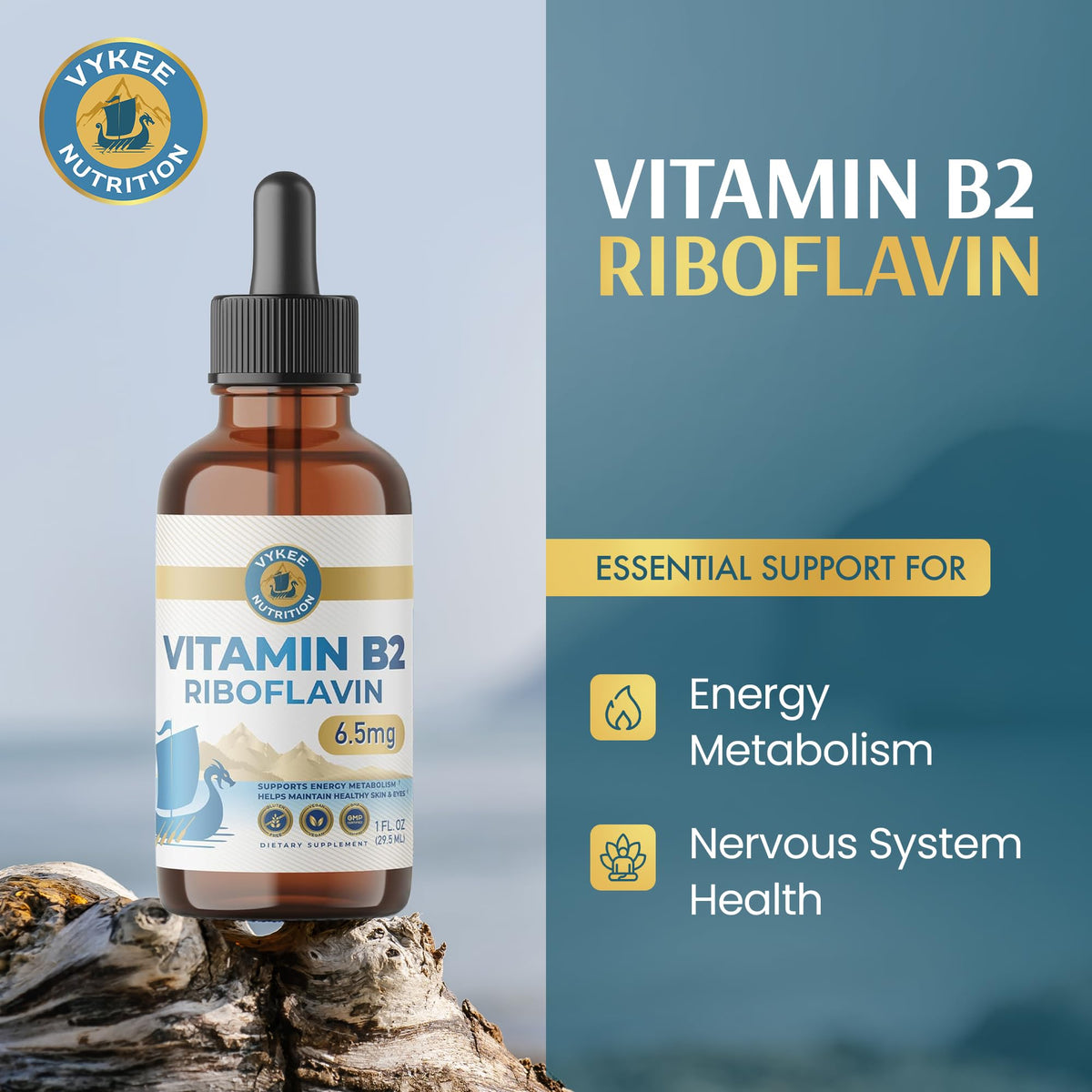 Liquid Vitamin B2 supplement dropper bottle for energy metabolism support.