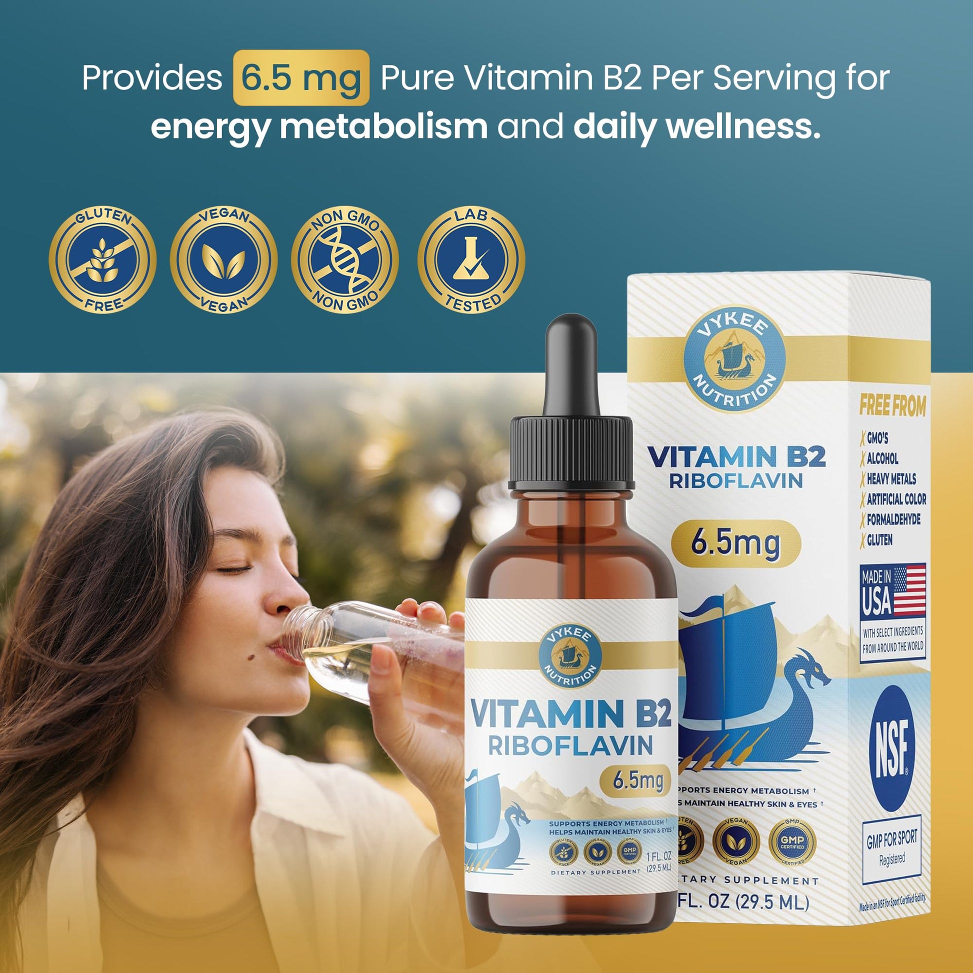 Vegan and non GMO Vitamin B2 tincture nutritional facts label.