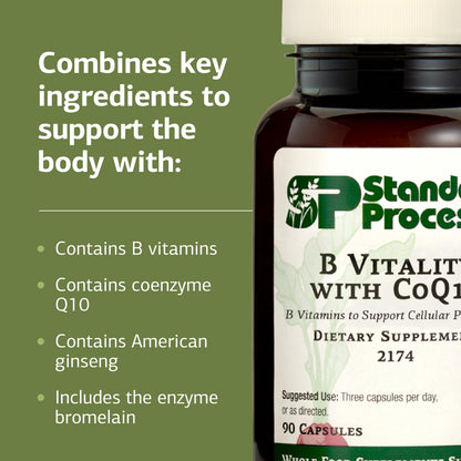 Standard Process CoQ10 and B complex vitamin capsules displayed next to the premium supplement bottle packaging.