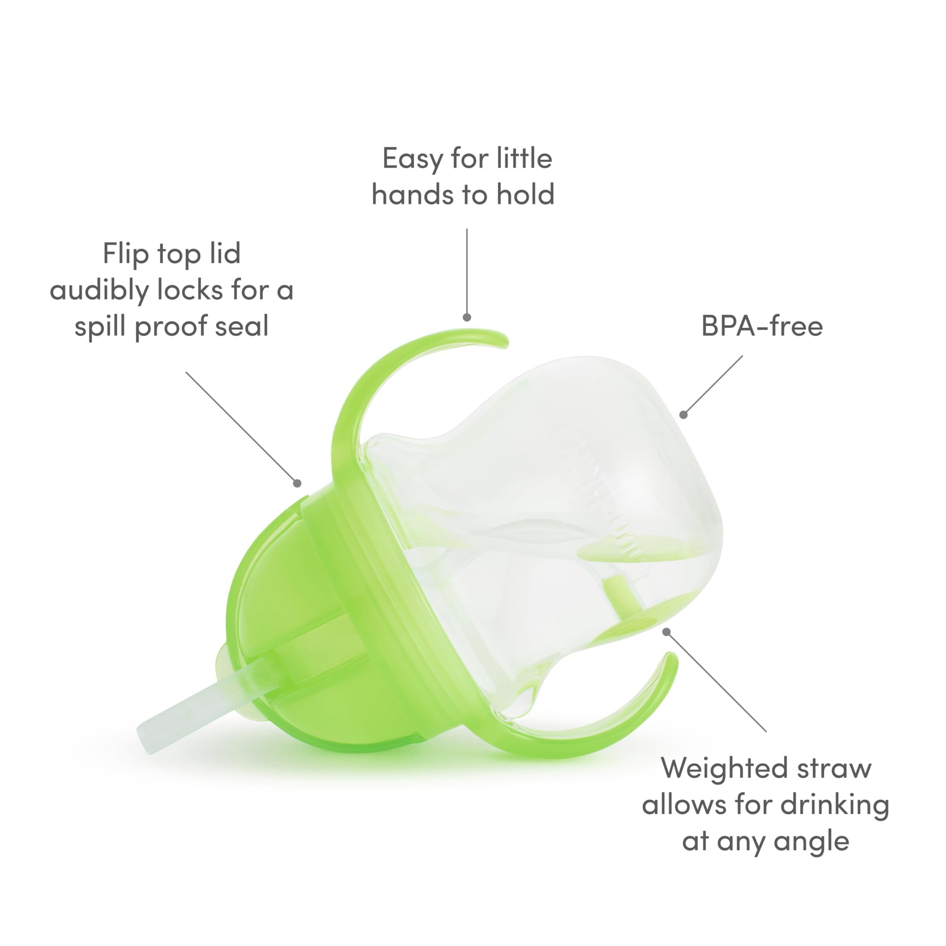 Green Munchkin toddler sipper cup demonstrating the flexible weighted straw base inside